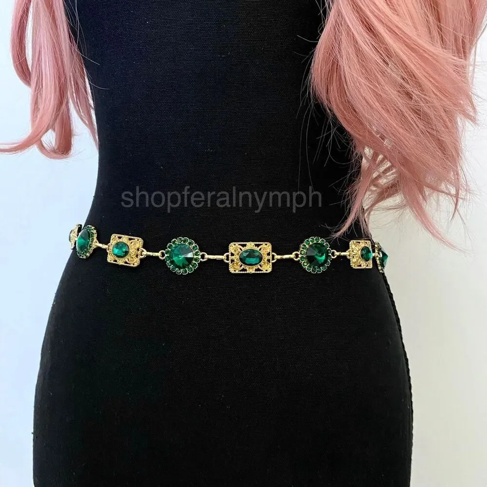Gold Y2K Emerald Green Jewel Waist Chain Belt, Fits 24.5-51.5 Inches, X7GA1297